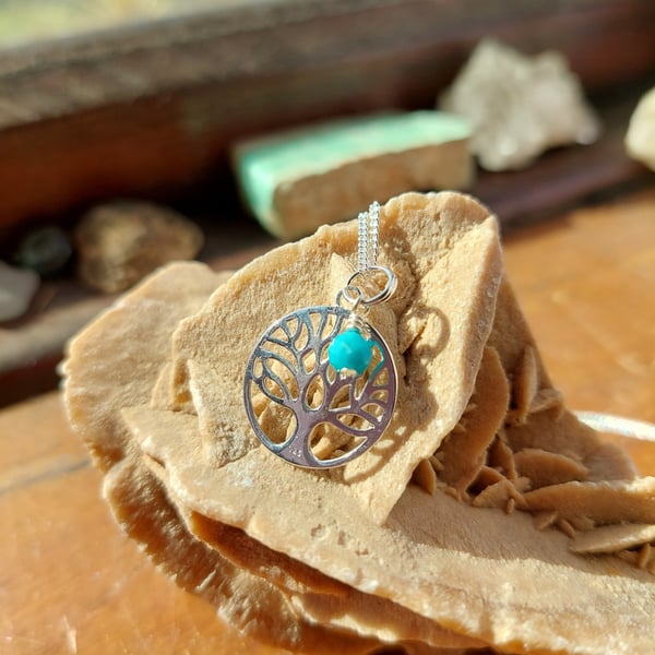 Sterling Silver and Turquoise Tree of Life Necklace - December Birthstone