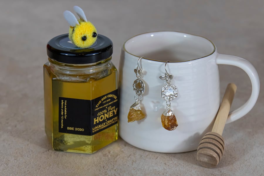 Silver dangly honeycomb bee earrings with citrine gemstone drop