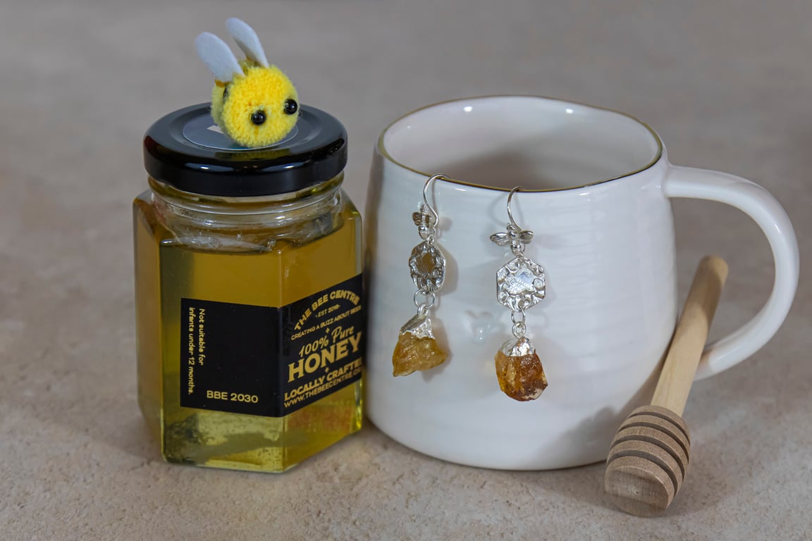 Silver dangly honeycomb bee earrings with citrine gemstone drop