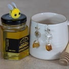 Silver dangly honeycomb bee earrings with citrine gemstone drop