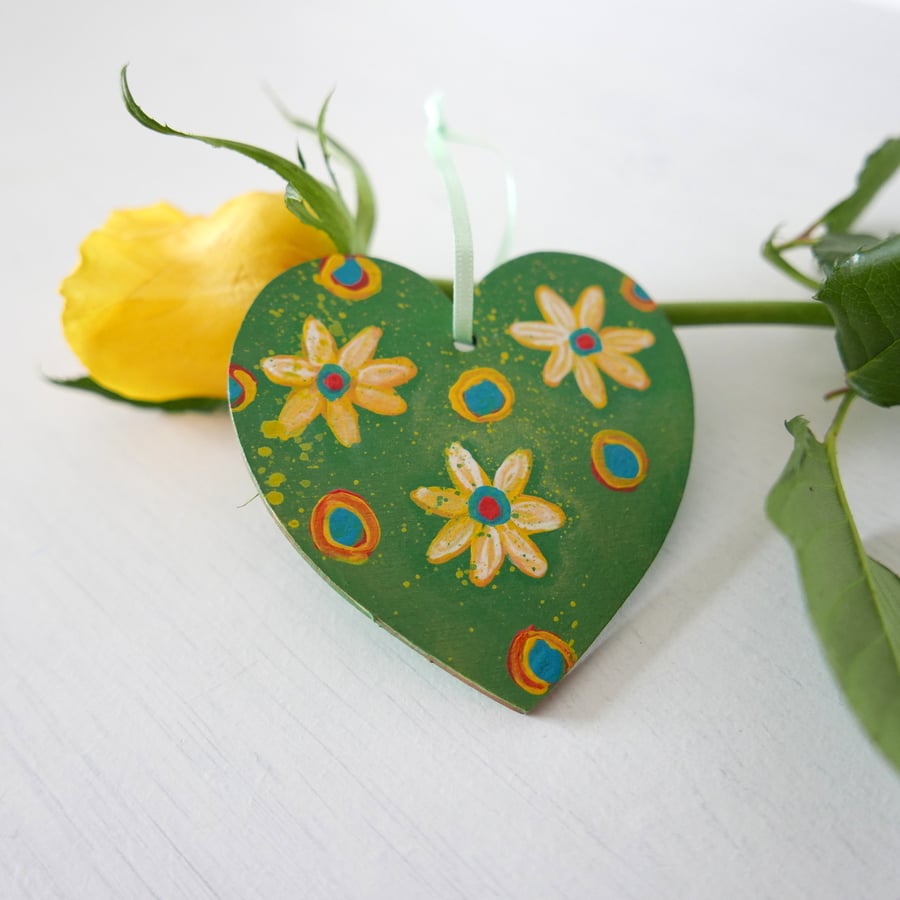 Green Hanging Decoration, Yellow Flowers Art, Valentine Heart, Rustic Decor 