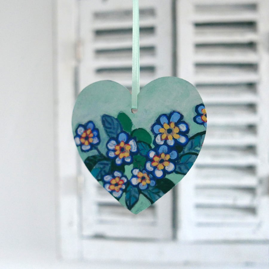 Blue Primrose, Hanging Heart, Flower Artwork, Mother's Day Gift