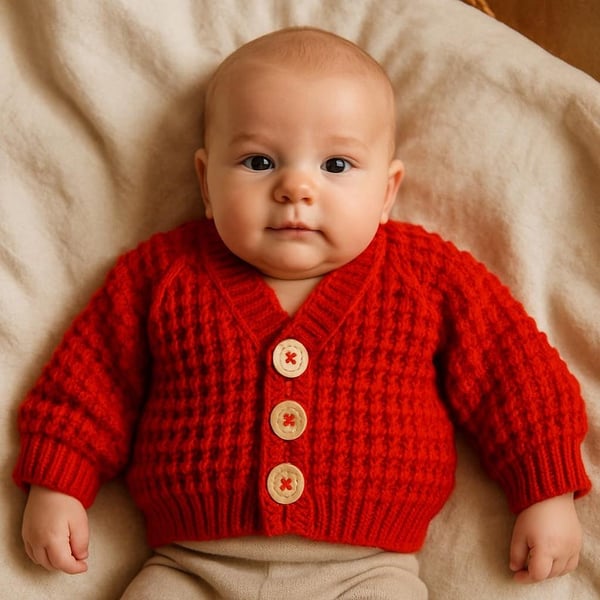 Hand knitted baby cardigan in fox red brown textured pattern 