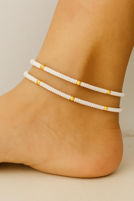 2x white&gold beaded anklets - minimalist beaded jewellery - gift for him & her 