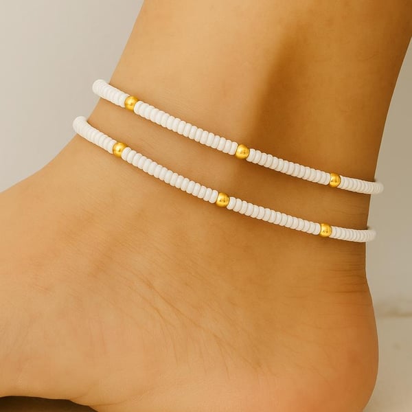 2x white&gold beaded anklets - minimalist beaded jewellery - gift for him & her 