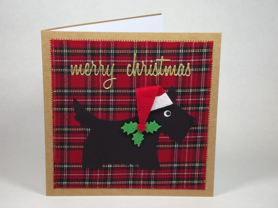 Santa Scottie Dog Fabric Christmas Greetings Card