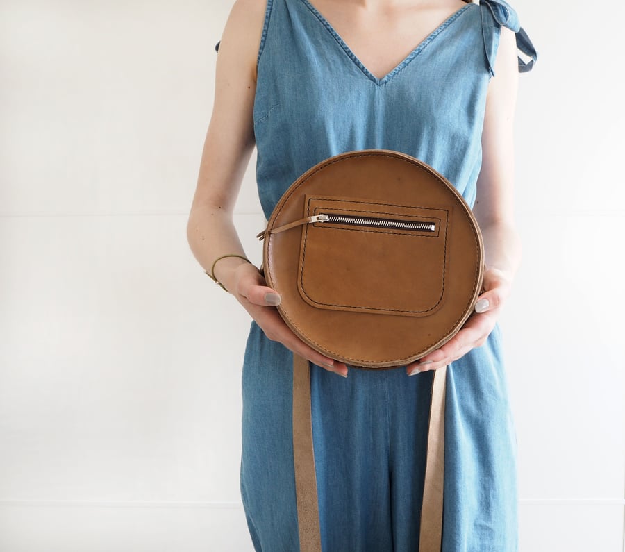 Brown Leather Round Circular Design Bag