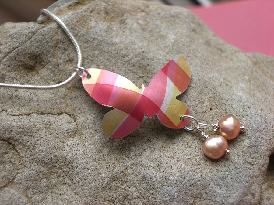 Sale!! Butterfly necklace pendant in orange and yellow checks with pearls.