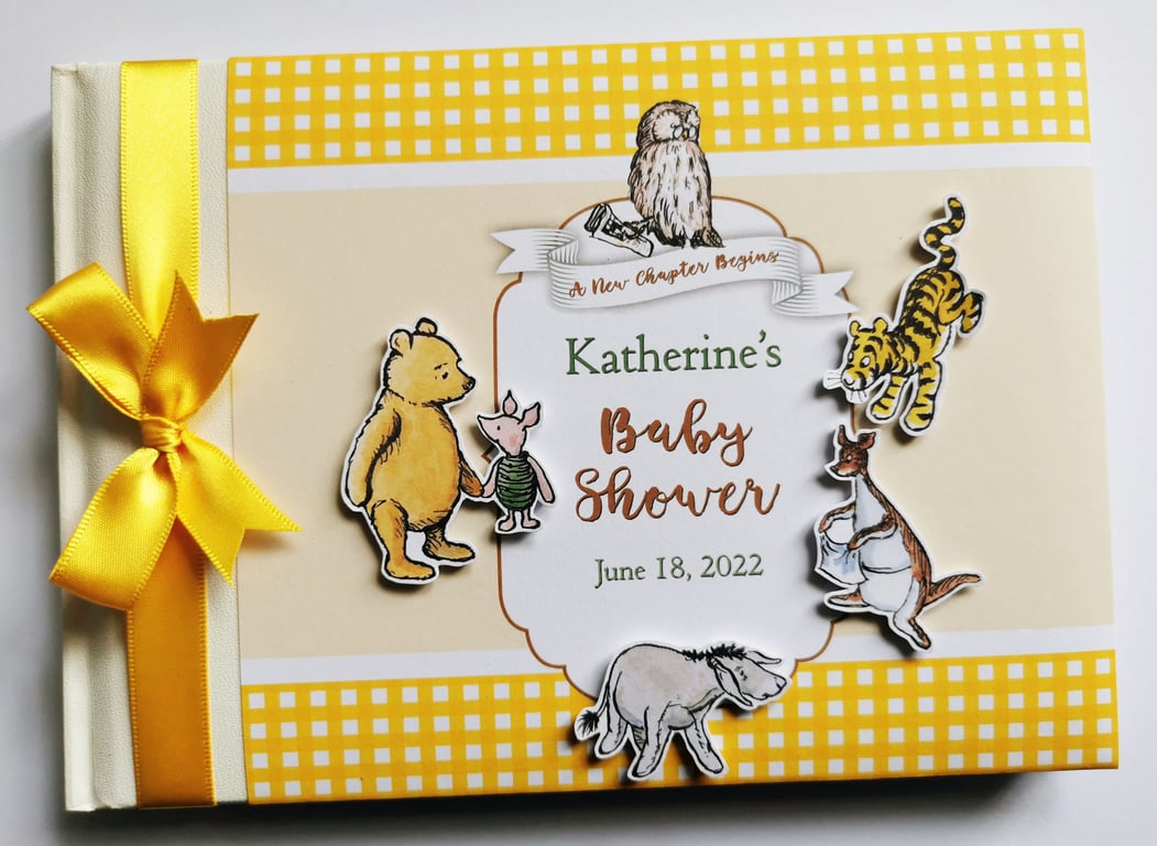 Classic Winnie the pooh yellow baby shower guest book, winnie birthday book