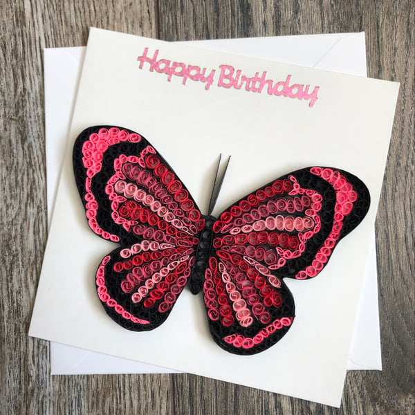 Handmade pink butterfly quilled card