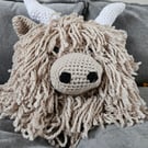 Highland Coo Crochet Cushion BEIGE