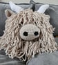 Highland Coo Crochet Cushion BEIGE