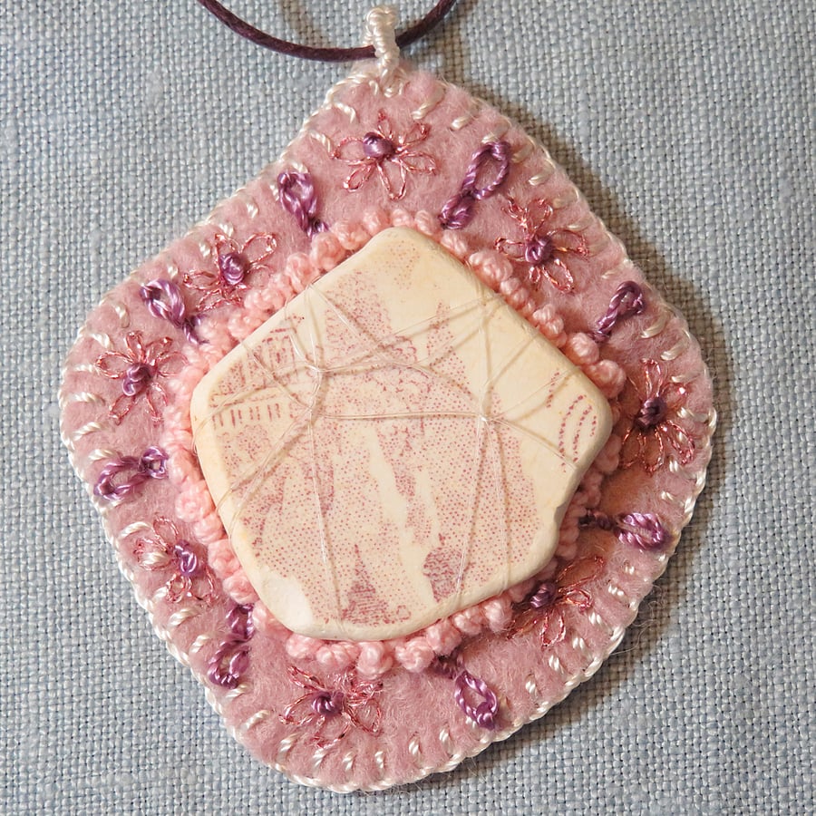 Sea Pottery and Embroidered Felt Pendant
