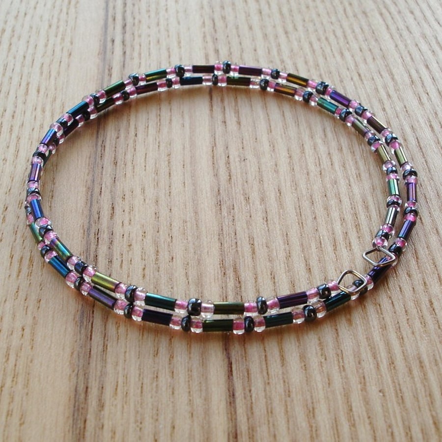 Graphite and Pink Glass Seed Bead Spiral Bracelet