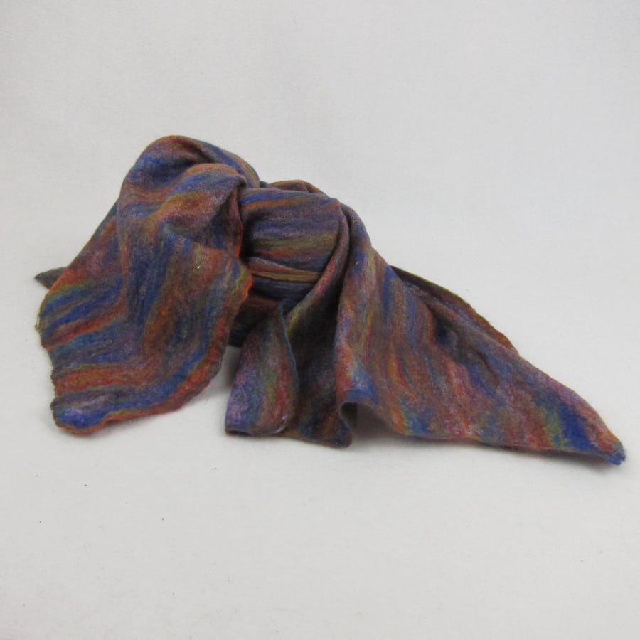Seconds Sunday - Rainbow  merino wool scarf nuno felted on purple cotton gauze