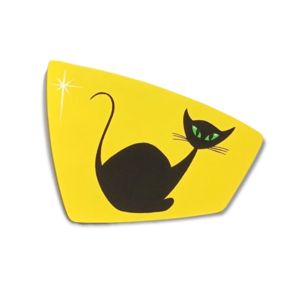 Mid Century-Inspired Hand Painted Black Cat Wall Plaque On A Yellow Background