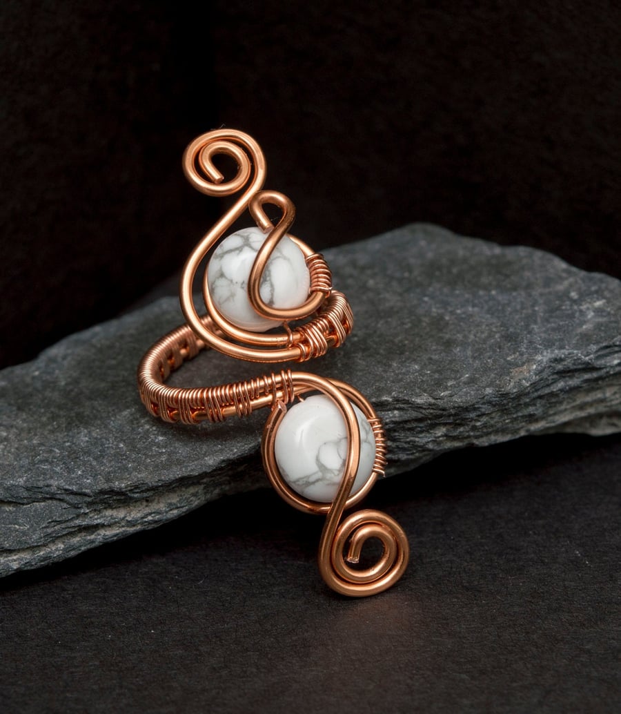 Copper White Howlite ring, non Tarnish ring adjustable rings, Boho copper ring