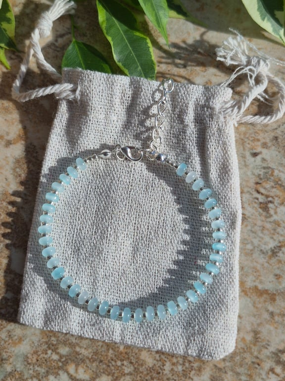 Pale Blue Frosted Glass Rondelle Bead Bracelet 