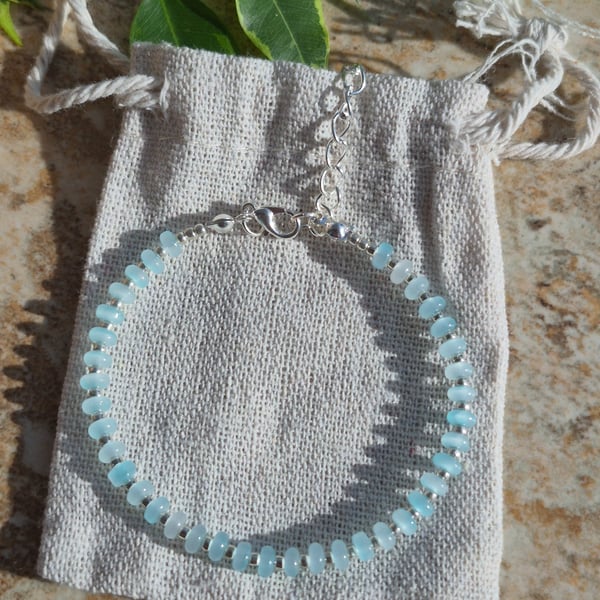 Pale Blue Frosted Glass Rondelle Bead Bracelet 