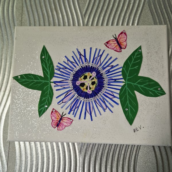 Passion flower collage on canvas.
