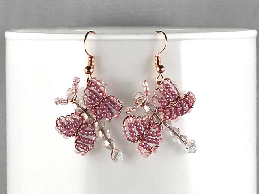 CZECH GLASS butterfly earrings beaded pink clear swarovski crystal