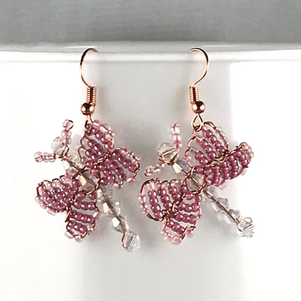 CZECH GLASS butterfly earrings beaded pink clear swarovski crystal