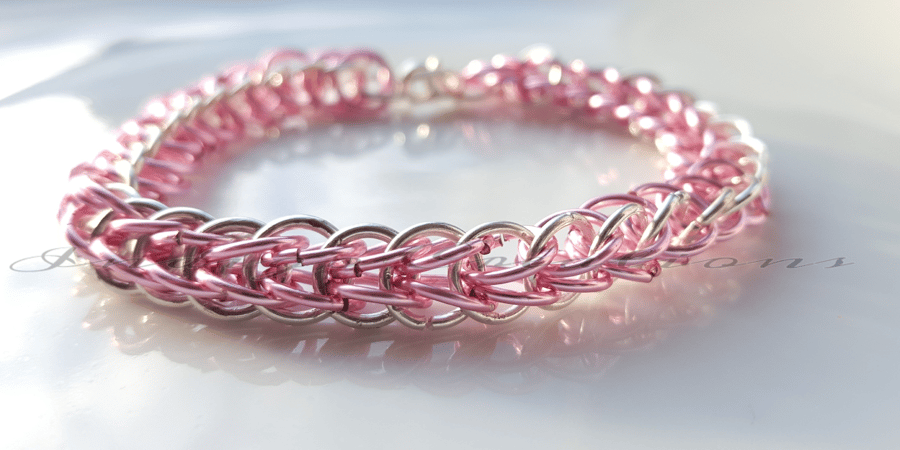 Bracelet Silver And Pink Half Persian Chainmaille Bracelet