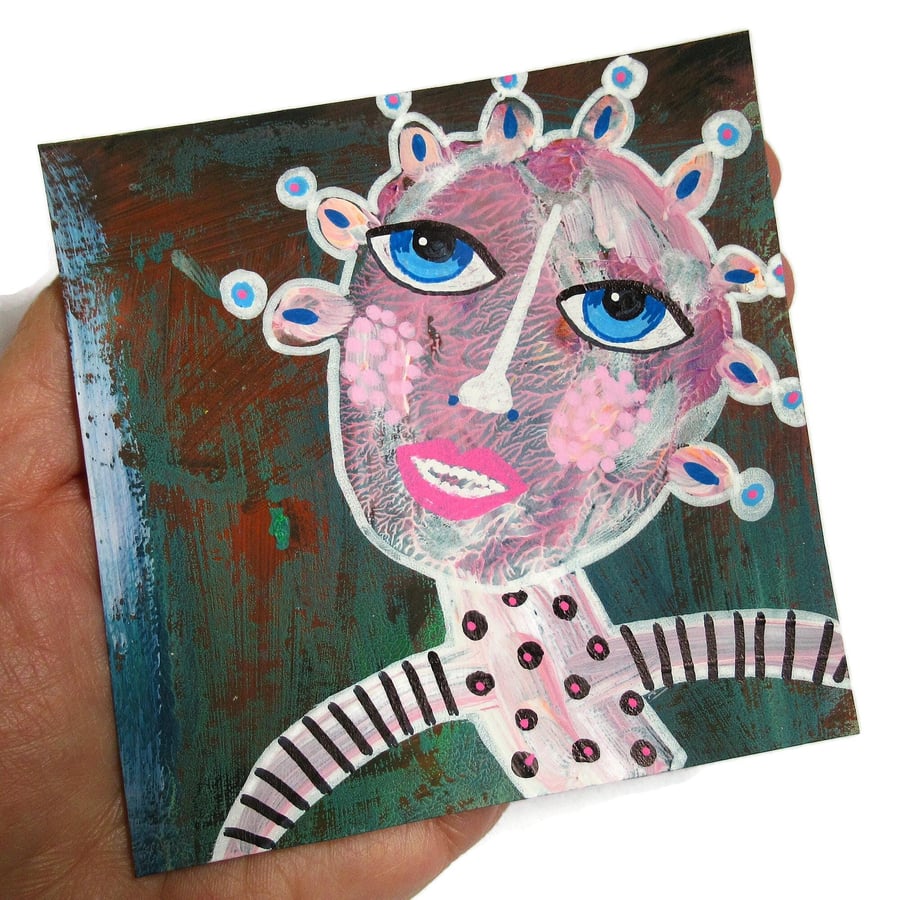 Quirky Figure Painting Weird Outsider Folk Art Portrait 4x4" Miniature Figure 