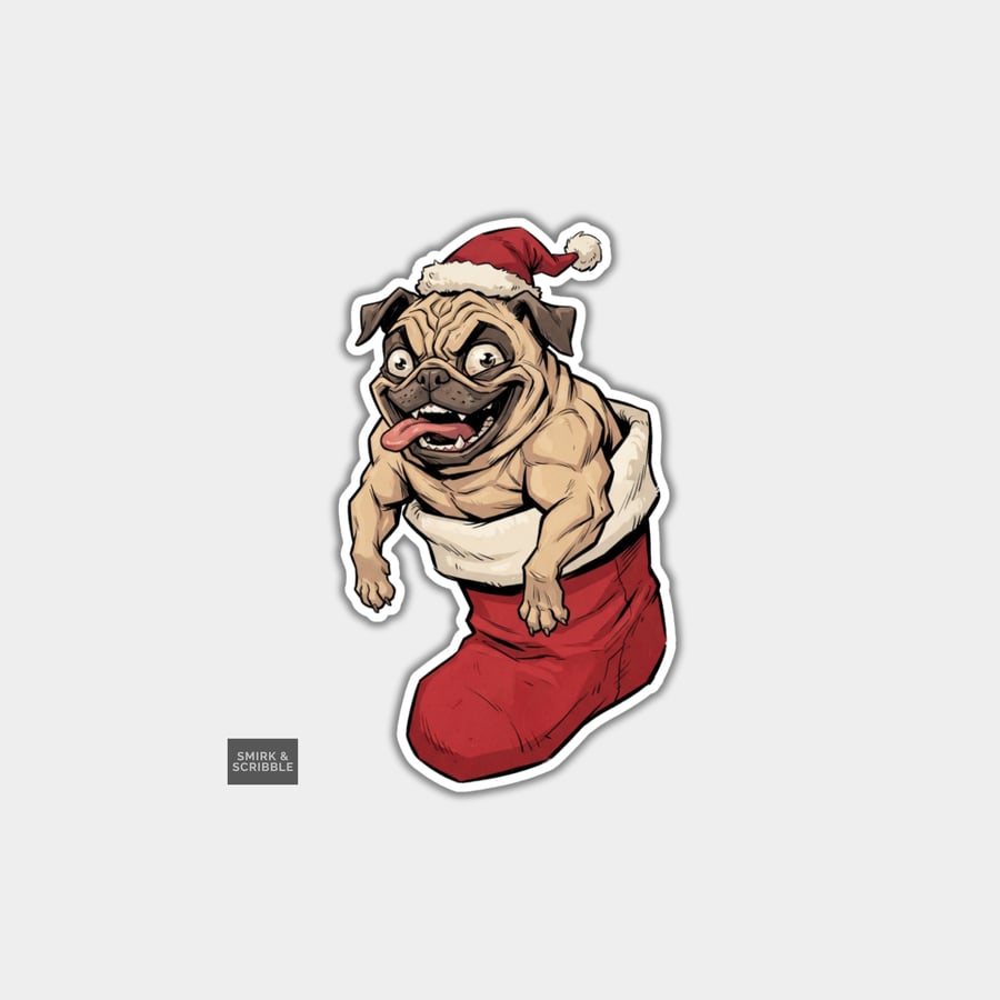 Image of Unique Funny Christmas Sticker Xmas Decal For Adults - Creepy Dog In Stocking