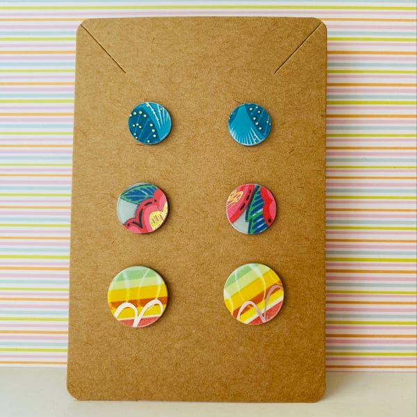 Multicoloured recycled plastic stud earrings - set of 3 pairs