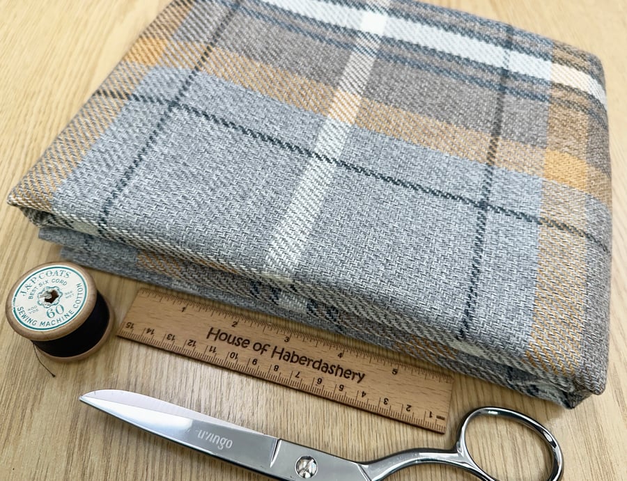 Grampian 'Corgi' Grey & Ochre Tartan Check Faux Wool Upholstery Fabric - 1 Metre