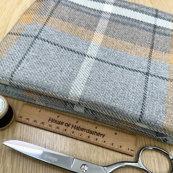 Grampian 'Corgi' Grey & Ochre Tartan Check Faux Wool Upholstery Fabric - 1 Metre