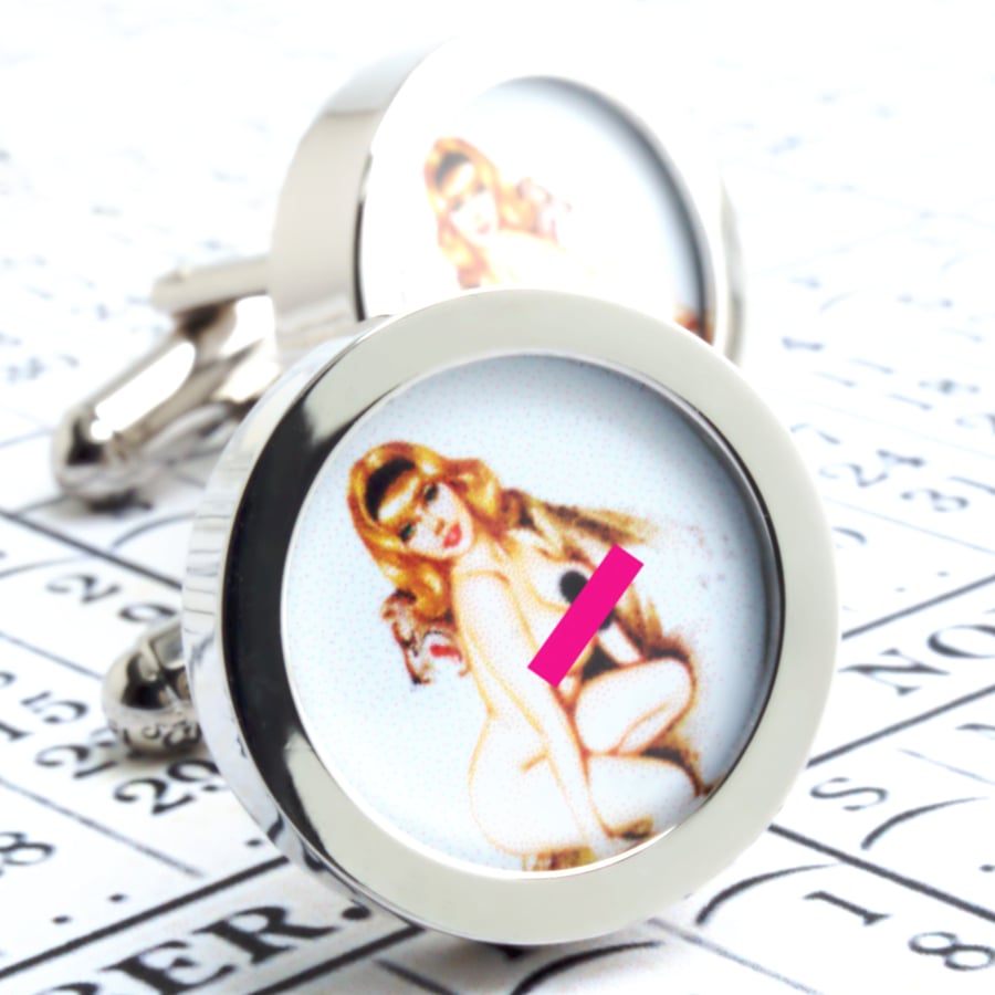 Erotic English Nude Cufflinks Vintage Pin Up Girl with Leopard Cuff Links 