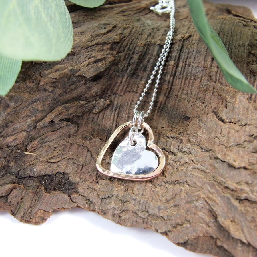Pendant, Silver and Rose Gold Filled Double Hearts Necklace