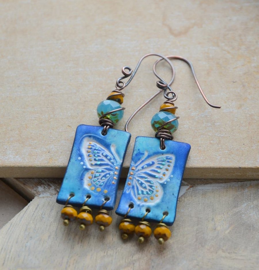 Handmade Polymer Butterfly, Mustard & Turquoise Czech Bead and Copper Earrings
