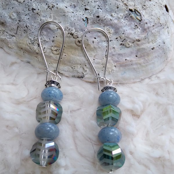 Blue Aventurine and Czech coated faceted crystal EARRINGS