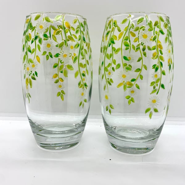 Painted Drinking Glasses Highball Tumbler Set of 2 Green Floral Design