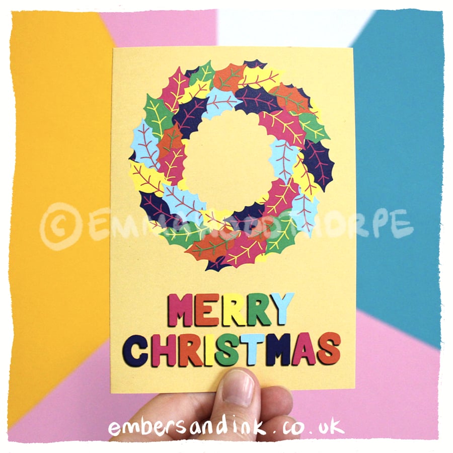 Yellow Rainbow Holly Wreath Christmas Greeting Card