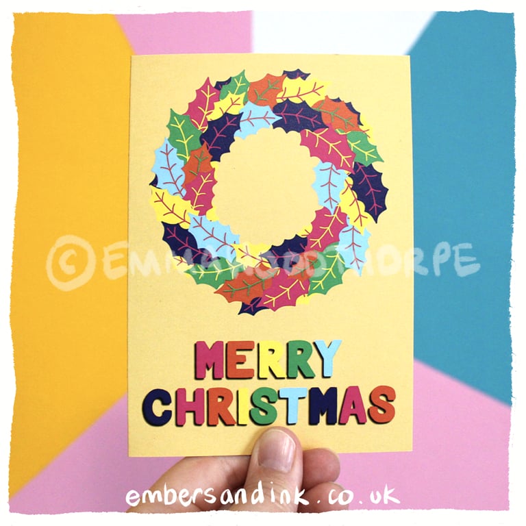 Yellow Rainbow Holly Wreath Christmas Greeting Card