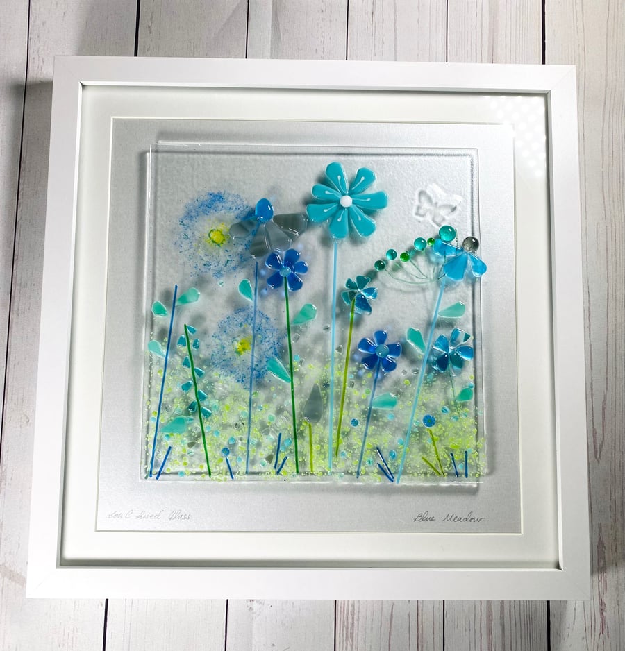 Blue meadow fused glass framed art 