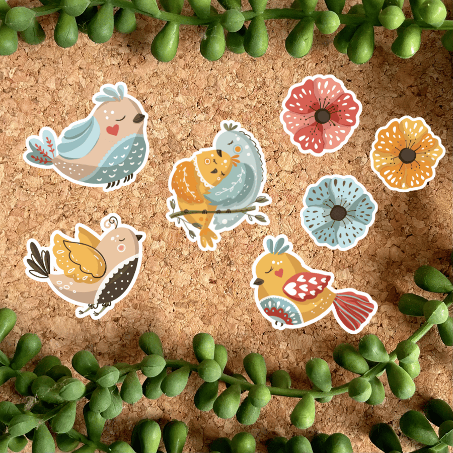 Birds & Flowers Illustrated Set of 7 Large Glossy Stickers