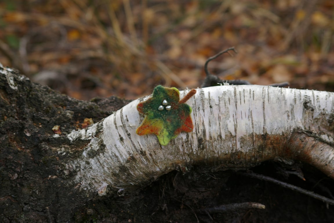 Handmade Felted Wool Leaf Brooch – Autumn Colours