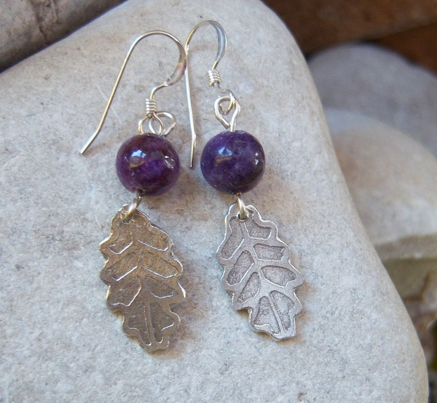 leaf earrings with purple lepidolite stones