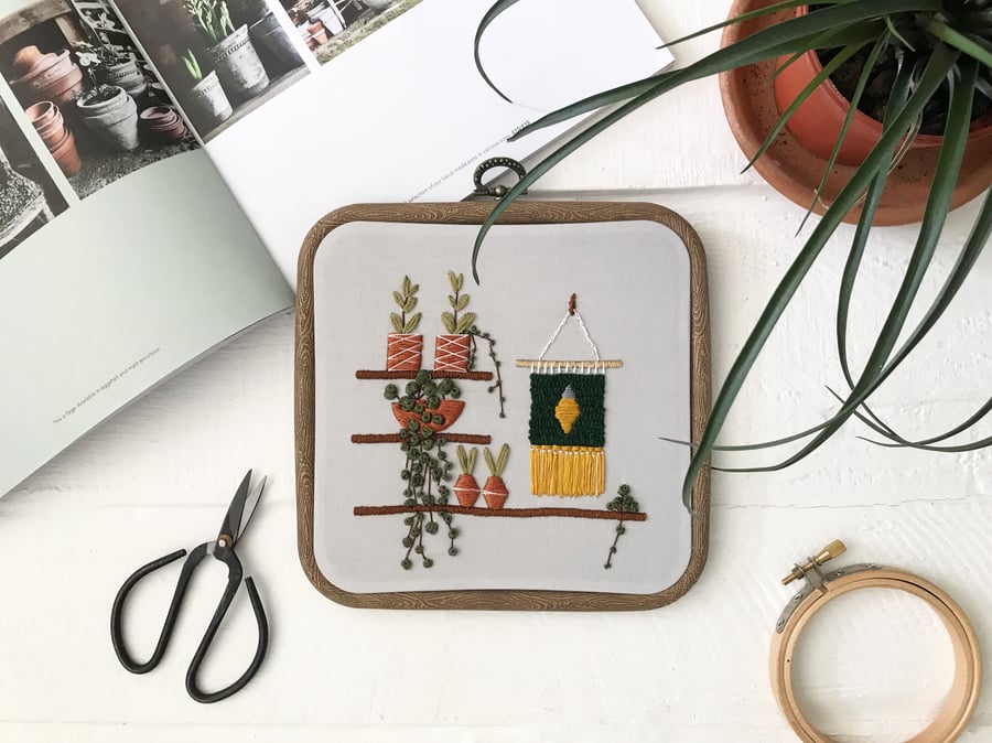 Plant Shelf Embroidery. Botanical art. Embroidered hoop. Succulent embroidery. 