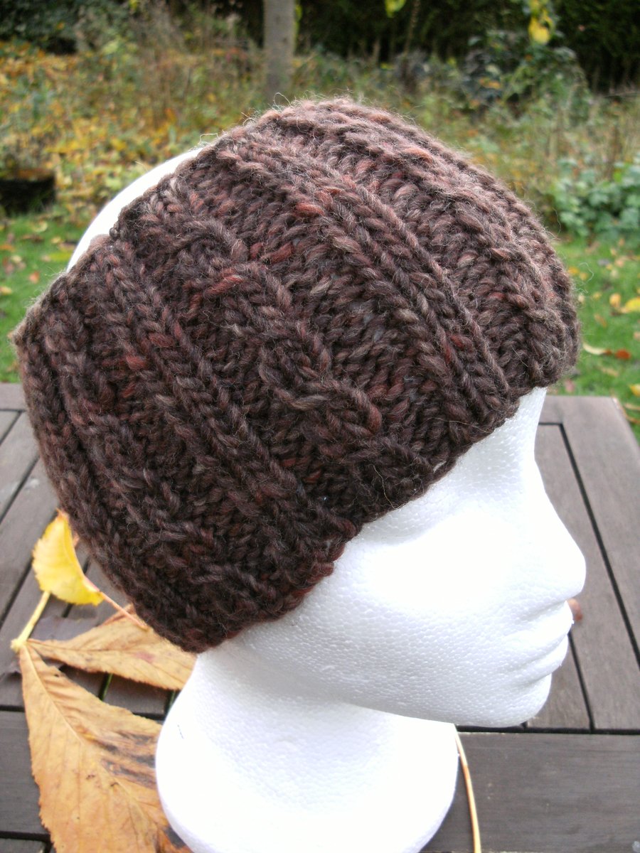 Hand Knitted Chunky Cable Headband in Browns M