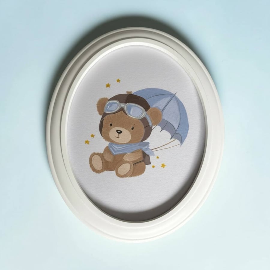 Hand-Painted Teddy Bear Pilot Wall Art, Framed Acrylic Flying Bear Nursery Decor