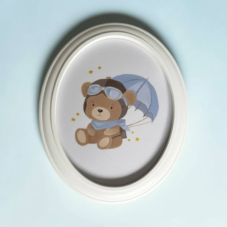 Hand-Painted Teddy Bear Pilot Wall Art, Framed Acrylic Flying Bear Nursery Decor