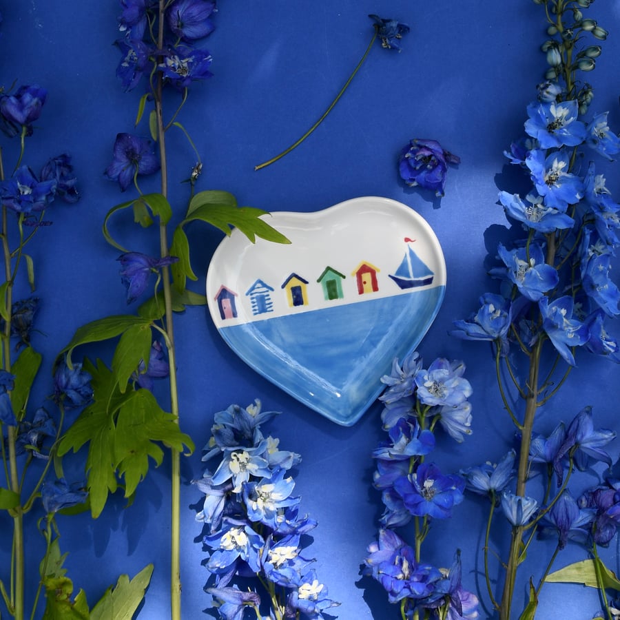 Beach Huts Heart Dish - Hand Painted