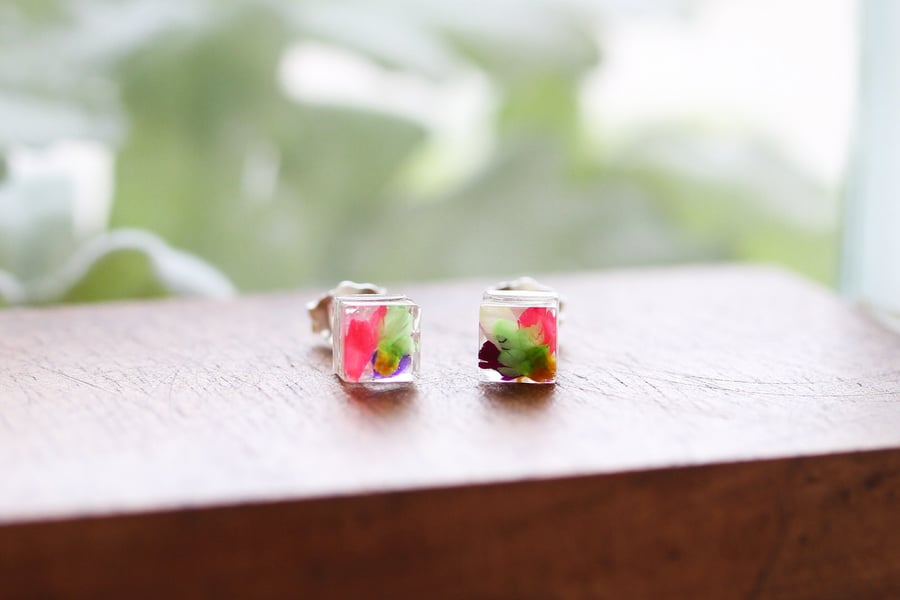 Real Flower Earrings Tiny Cube Studs Floral Jewelry Pressed Flower Earrings Natu