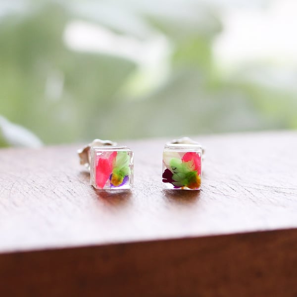 Real Flower Earrings Tiny Cube Studs Floral Jewelry Pressed Flower Earrings Natu